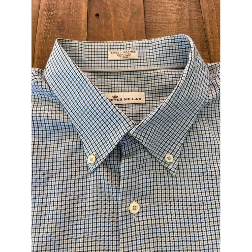 Peter Millar Mens XXL Blue Black Micro Check Cotton Button Down Shirt MF17W28CBL